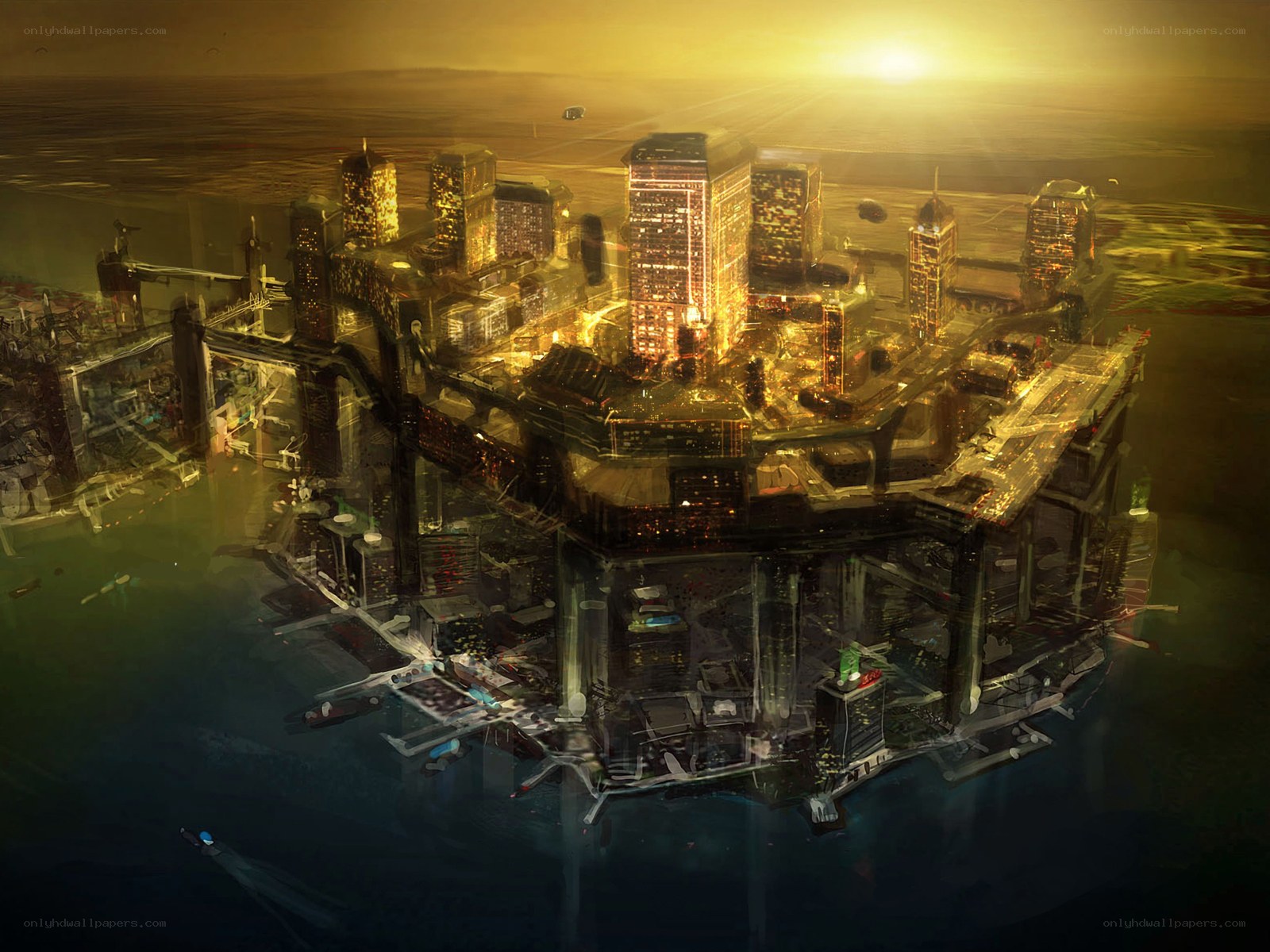 futuristic city at sunset