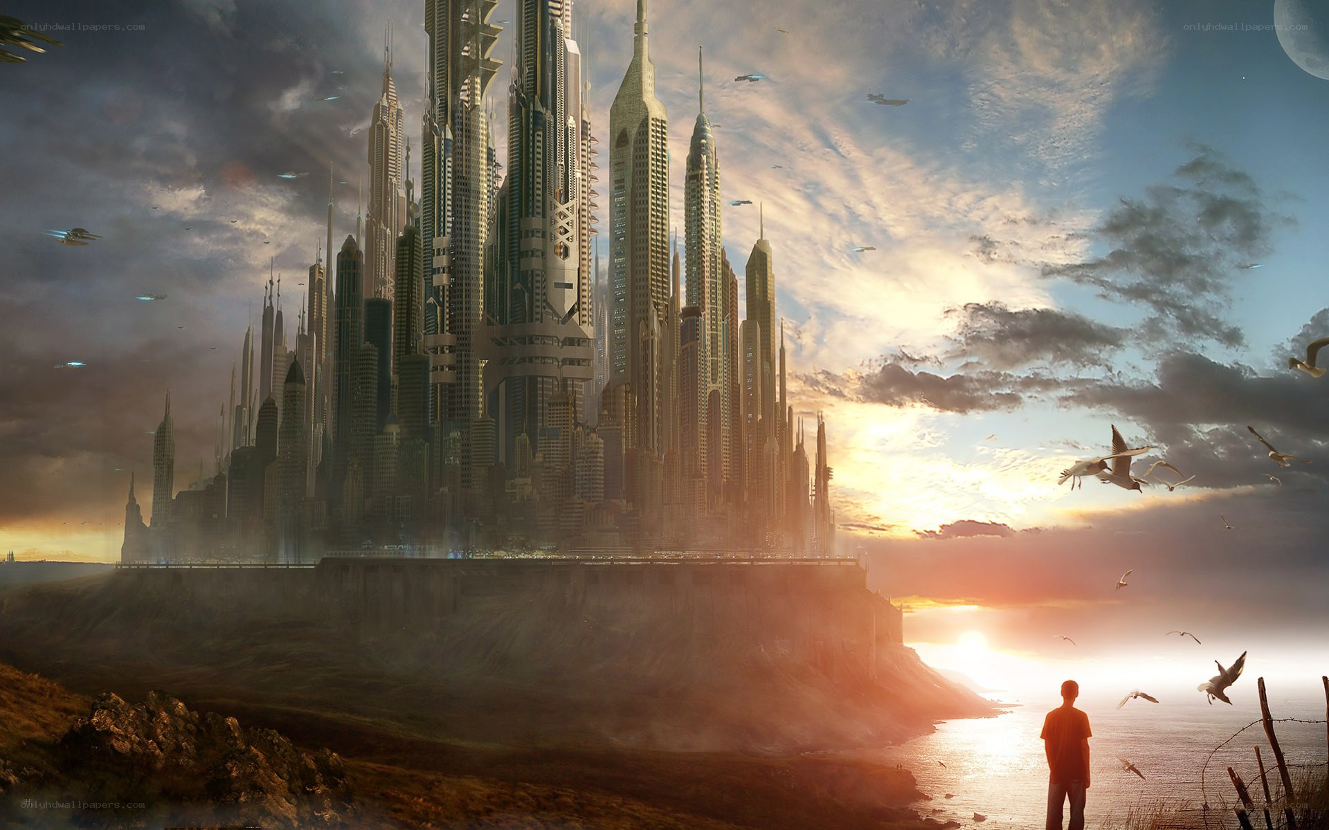 futuristic city at sunset