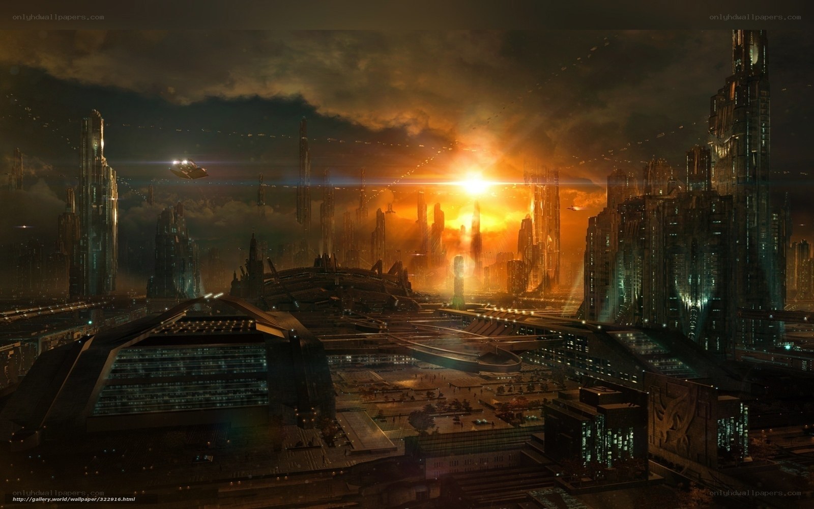 futuristic city at sunset