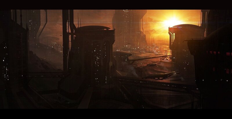 futuristic city at sunset