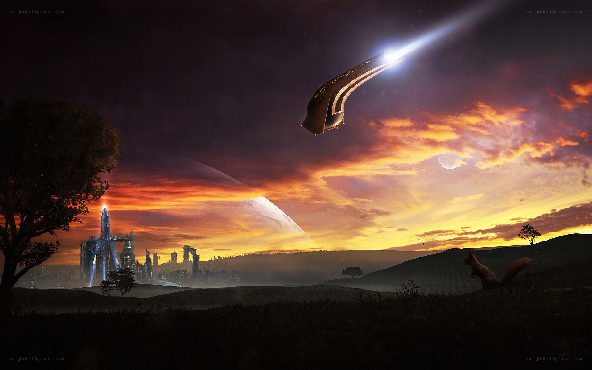 Futuristic city at sunset