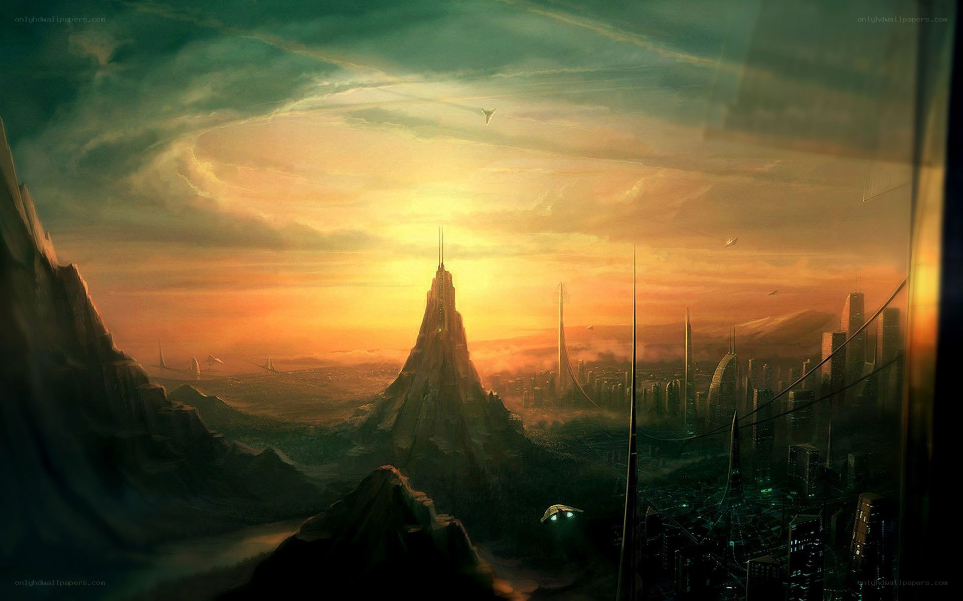 futuristic city at sunset