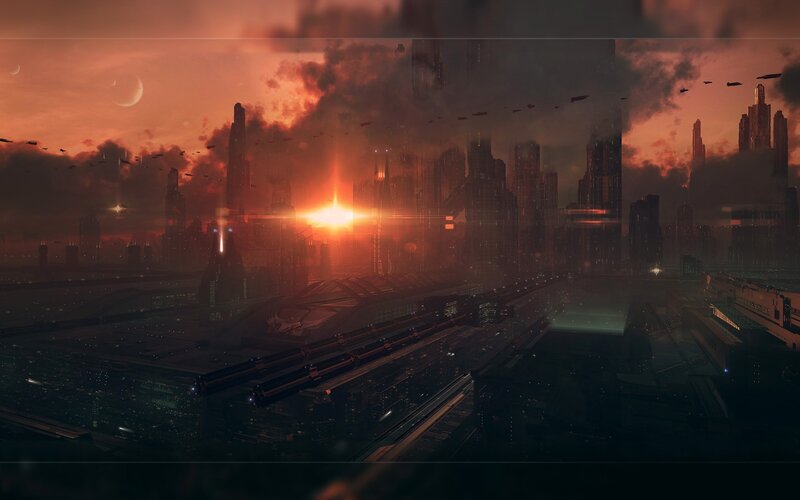 futuristic city at sunset