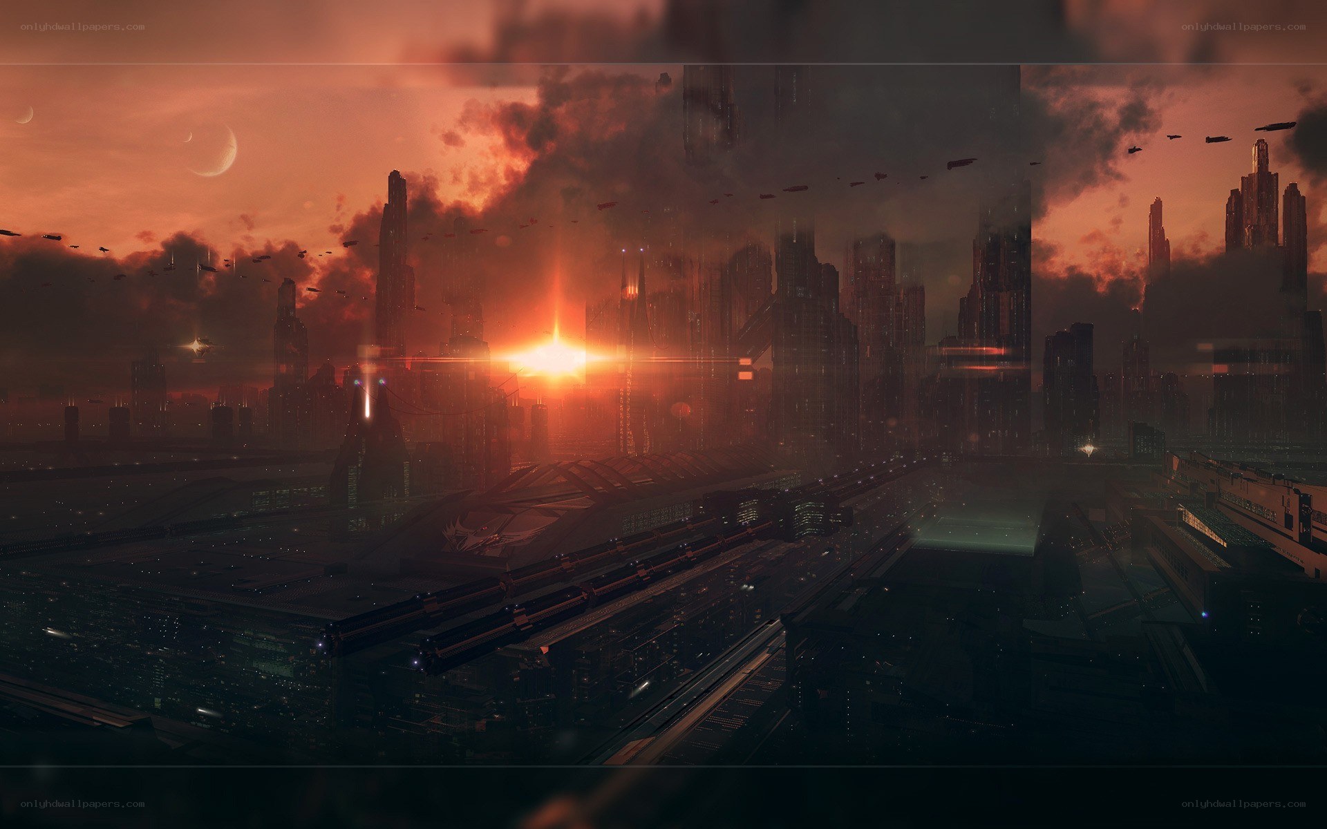 futuristic city at sunset