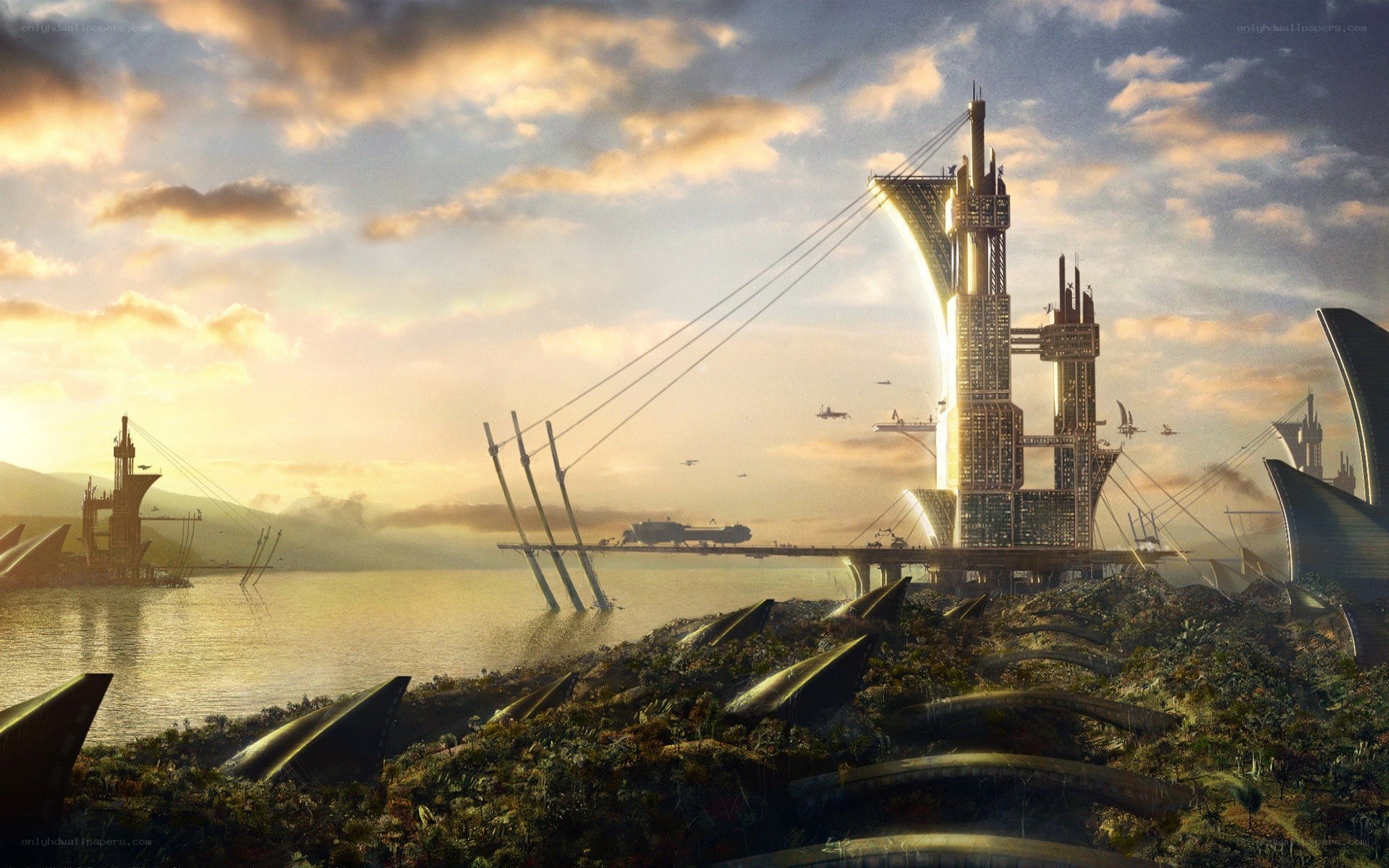 futuristic city at sunset