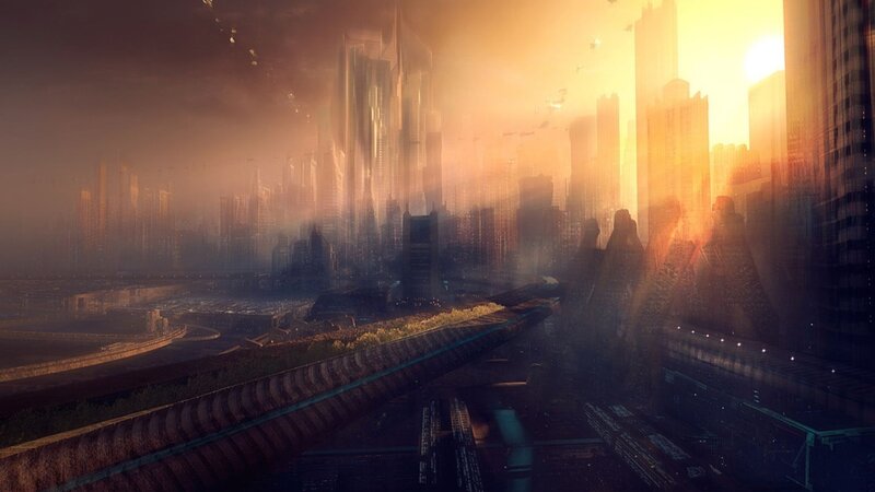 futuristic city at sunset