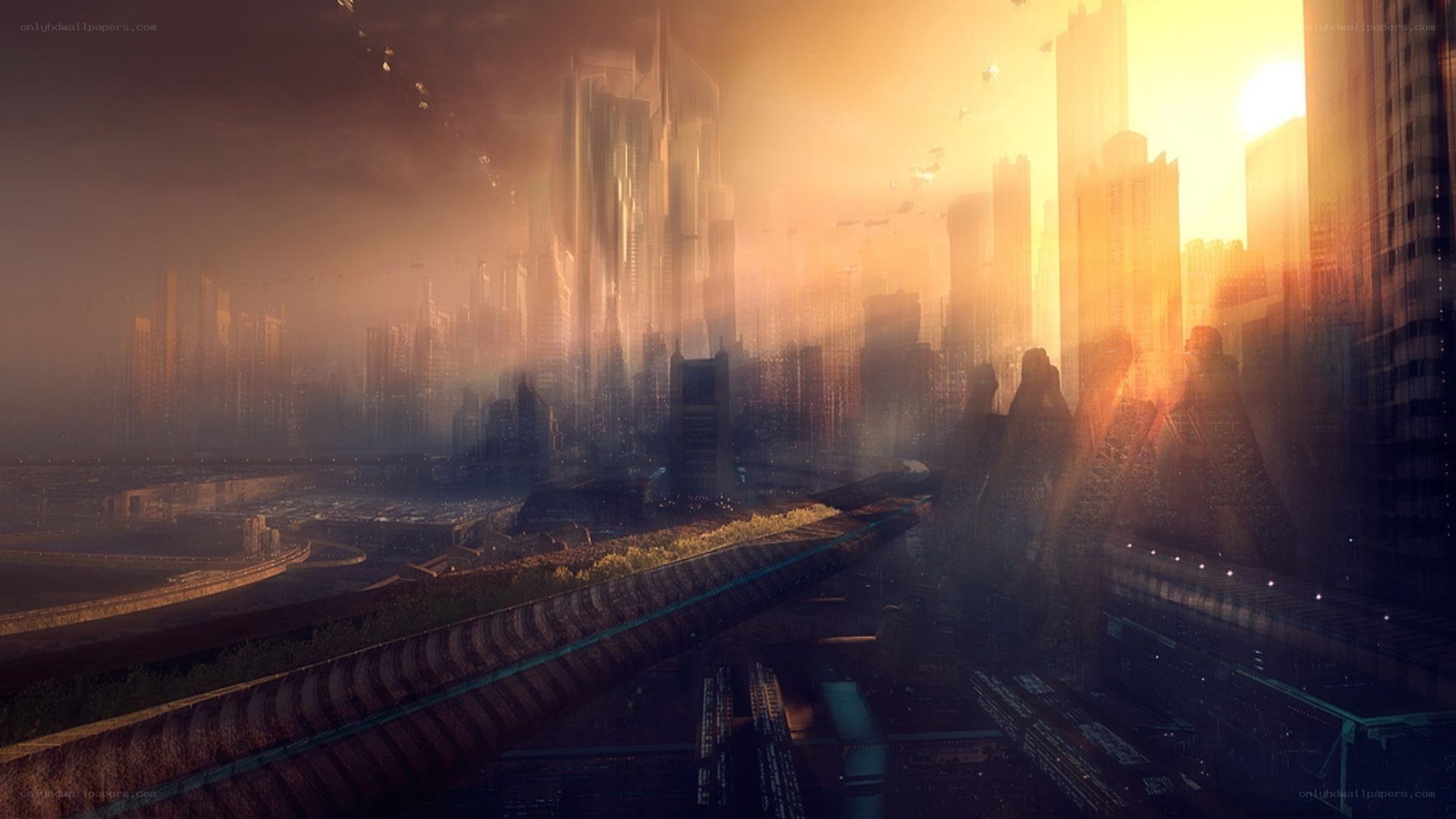futuristic city at sunset
