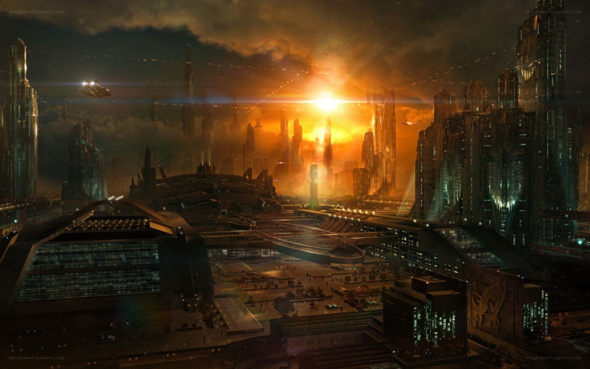 futuristic city at sunset