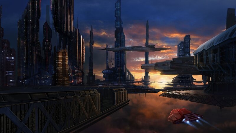 futuristic city at sunset