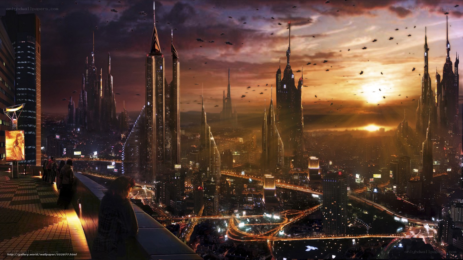 futuristic city at sunset