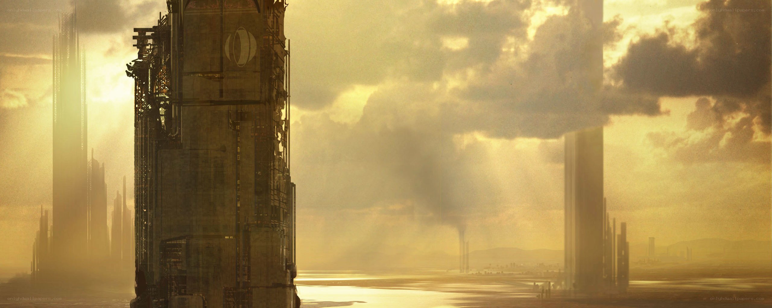 futuristic city at sunset