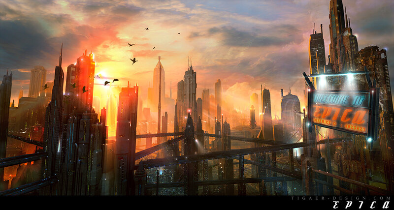 futuristic city at sunset