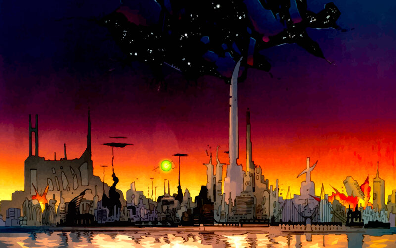 futuristic city at sunset