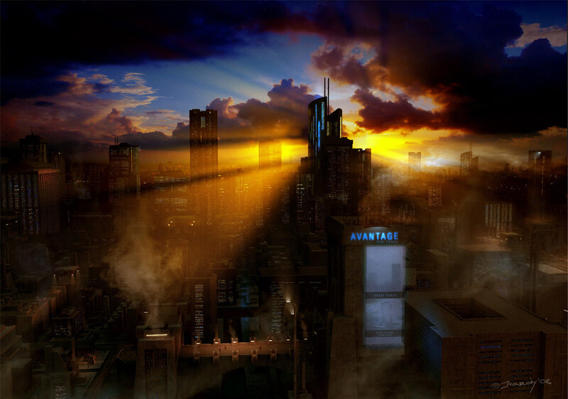 futuristic city at sunset
