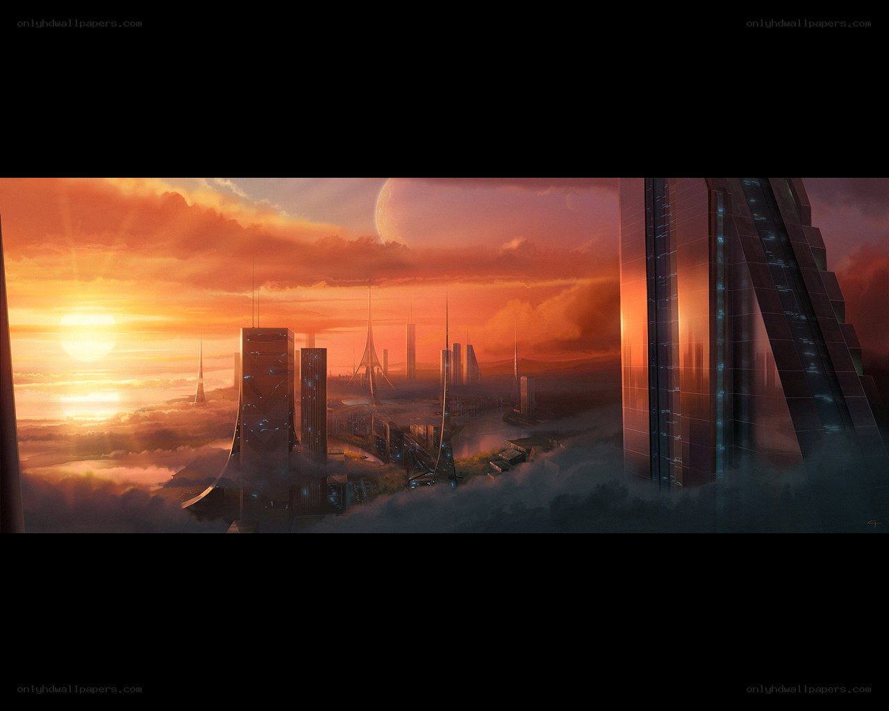 futuristic city at sunset