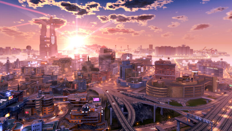 futuristic city at sunset