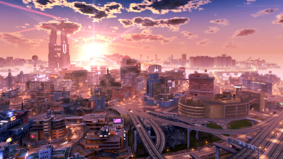 futuristic city at sunset