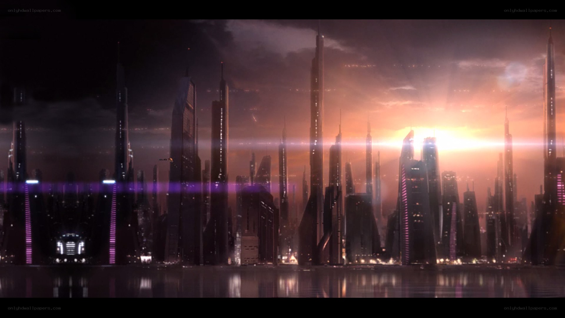 futuristic city at sunset