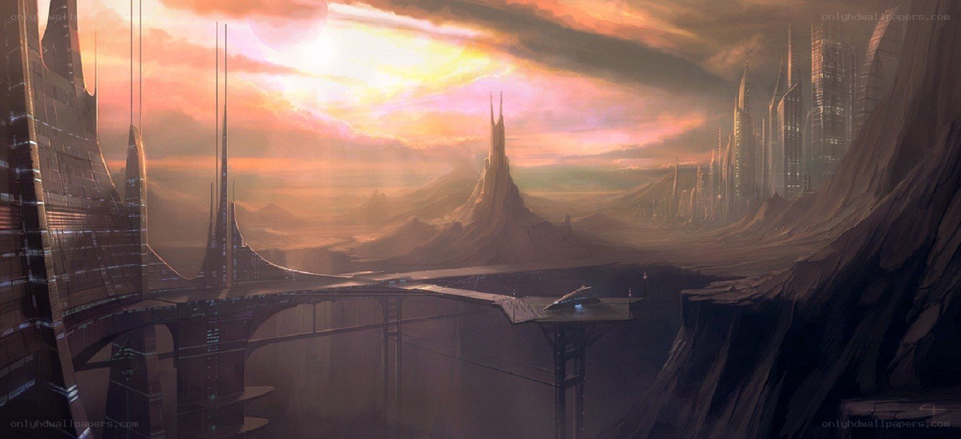 futuristic city at sunset