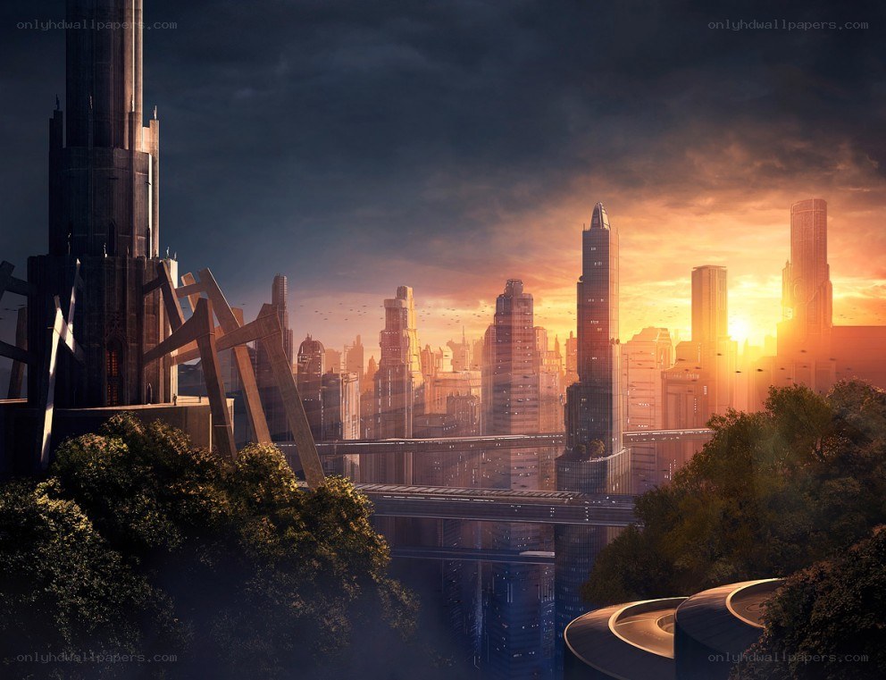 futuristic city at sunset