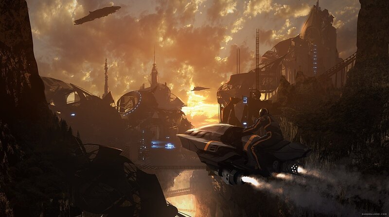 Futuristic city at sunset