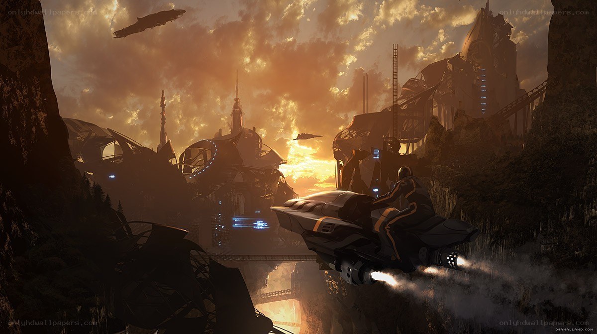 Futuristic city at sunset
