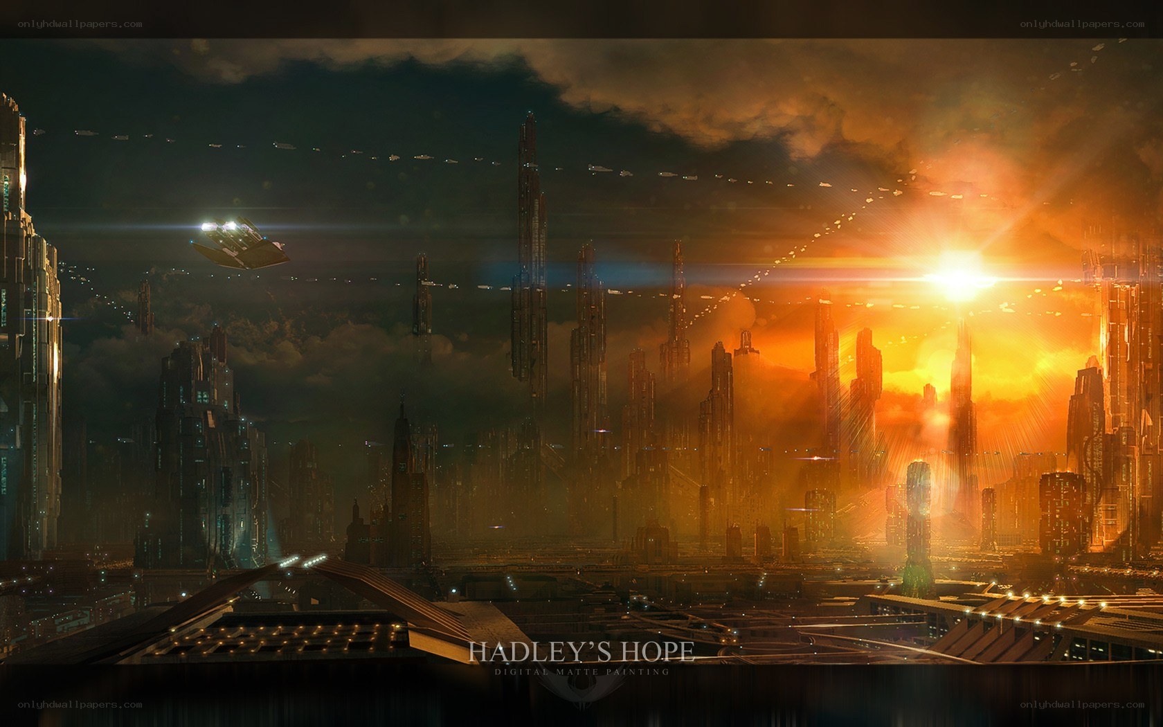 Futuristic city at sunset