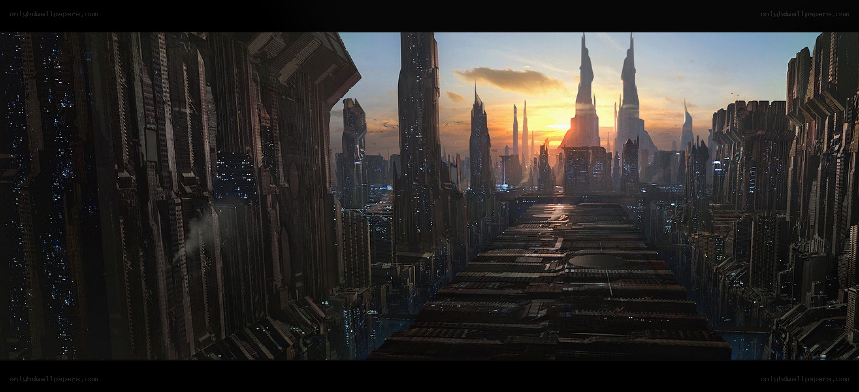 futuristic city at sunset