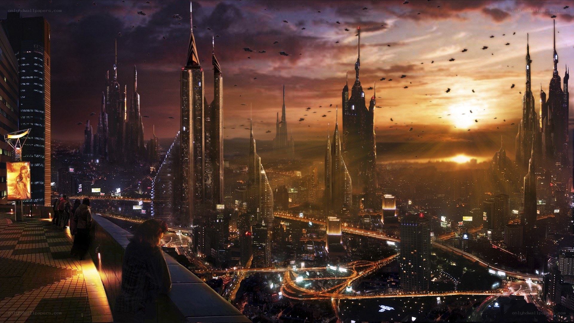 futuristic city at sunset