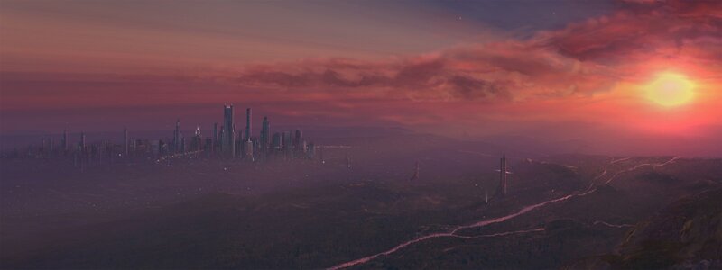 futuristic city at sunset