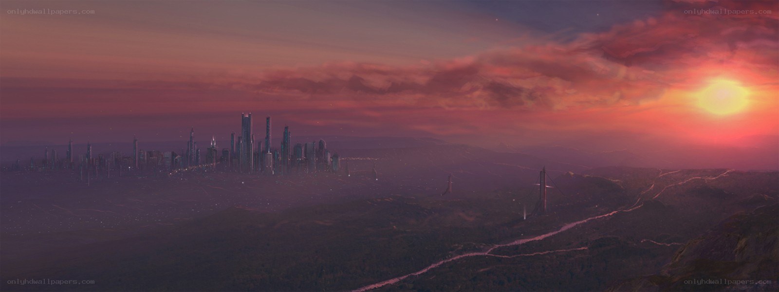 futuristic city at sunset