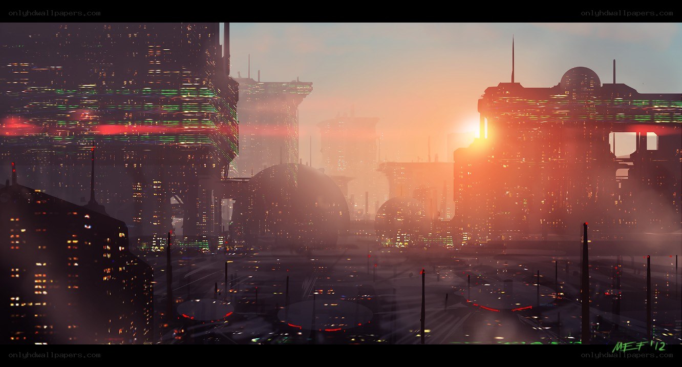 futuristic city at sunset