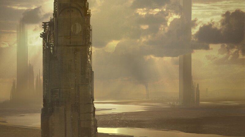 futuristic city at sunset