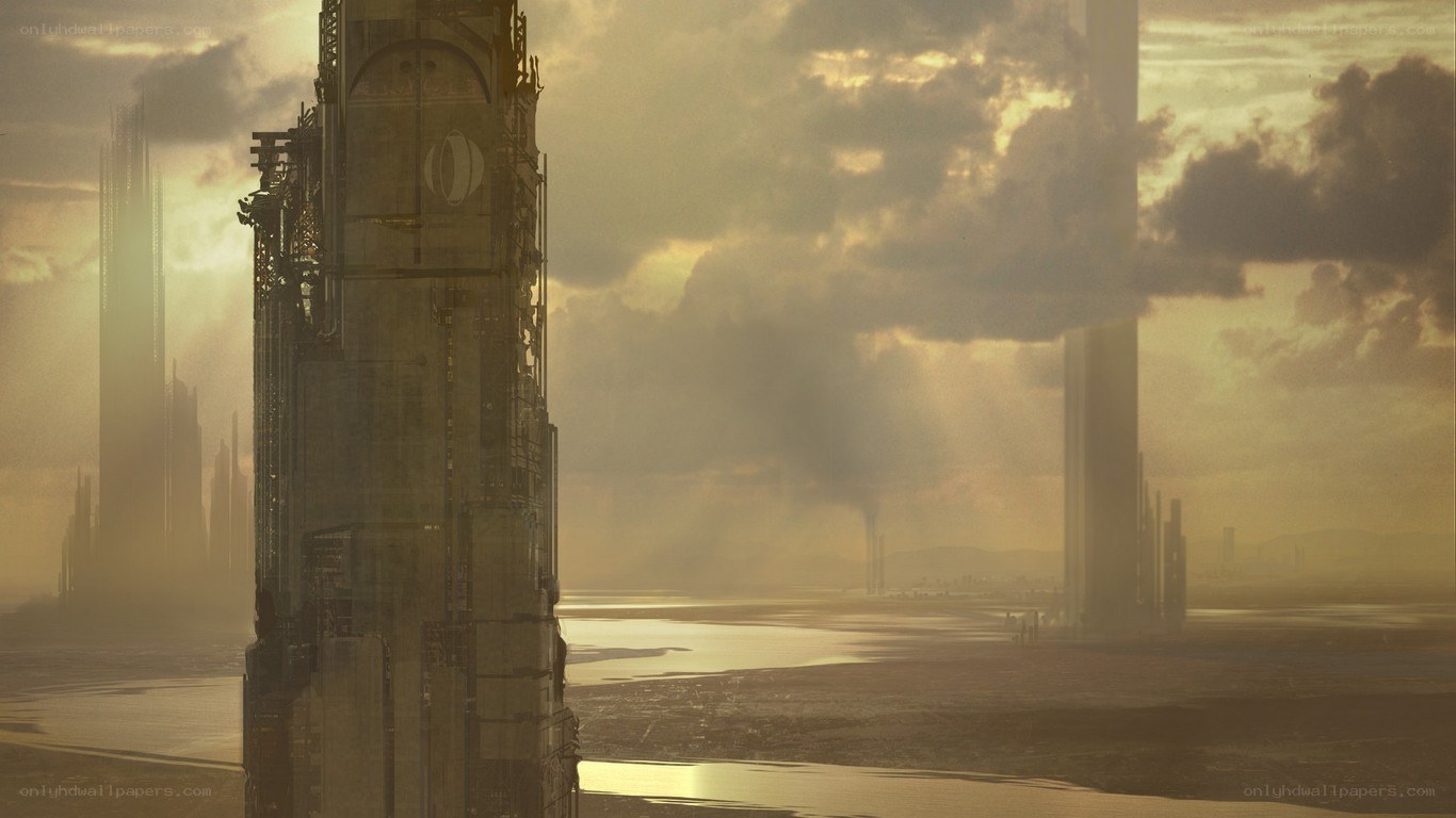 futuristic city at sunset