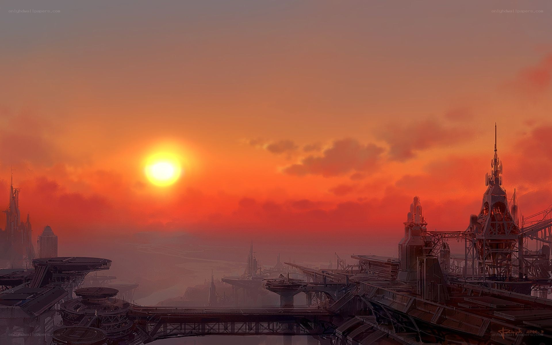 futuristic city at sunset