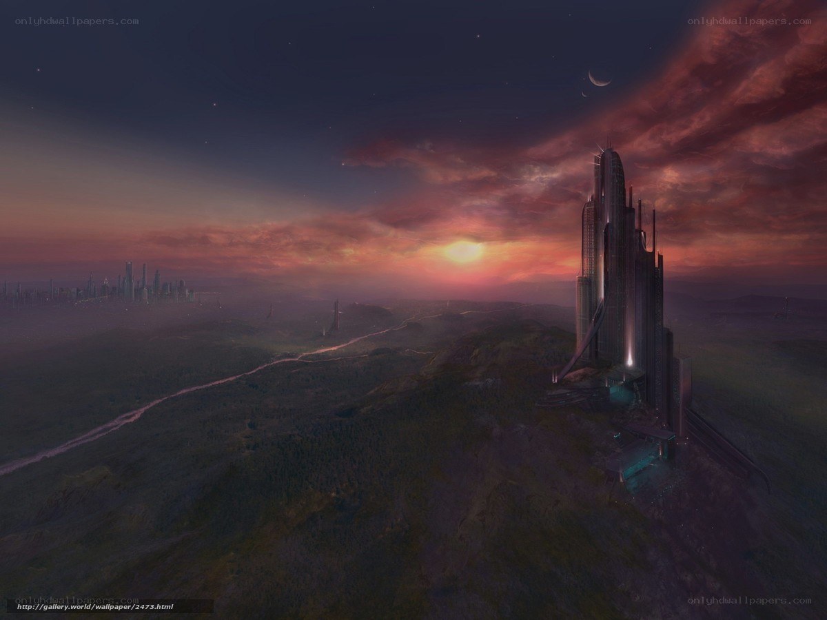 Futuristic city at sunset