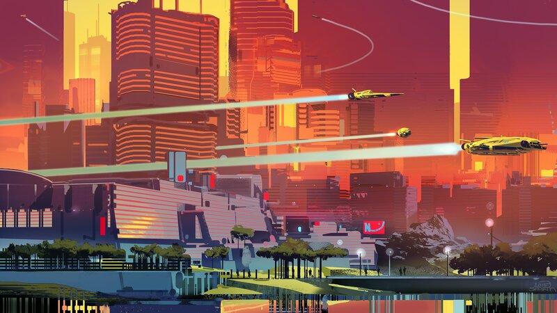 Futuristic City Battle — Orange, Dramatic