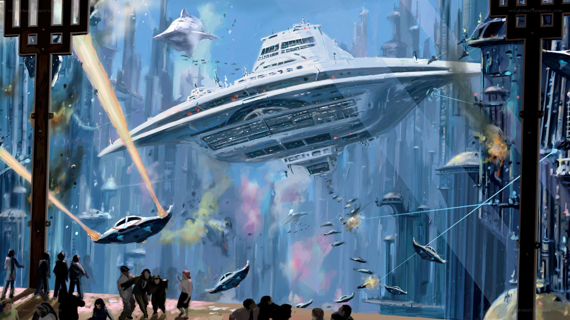 Futuristic city battle scene