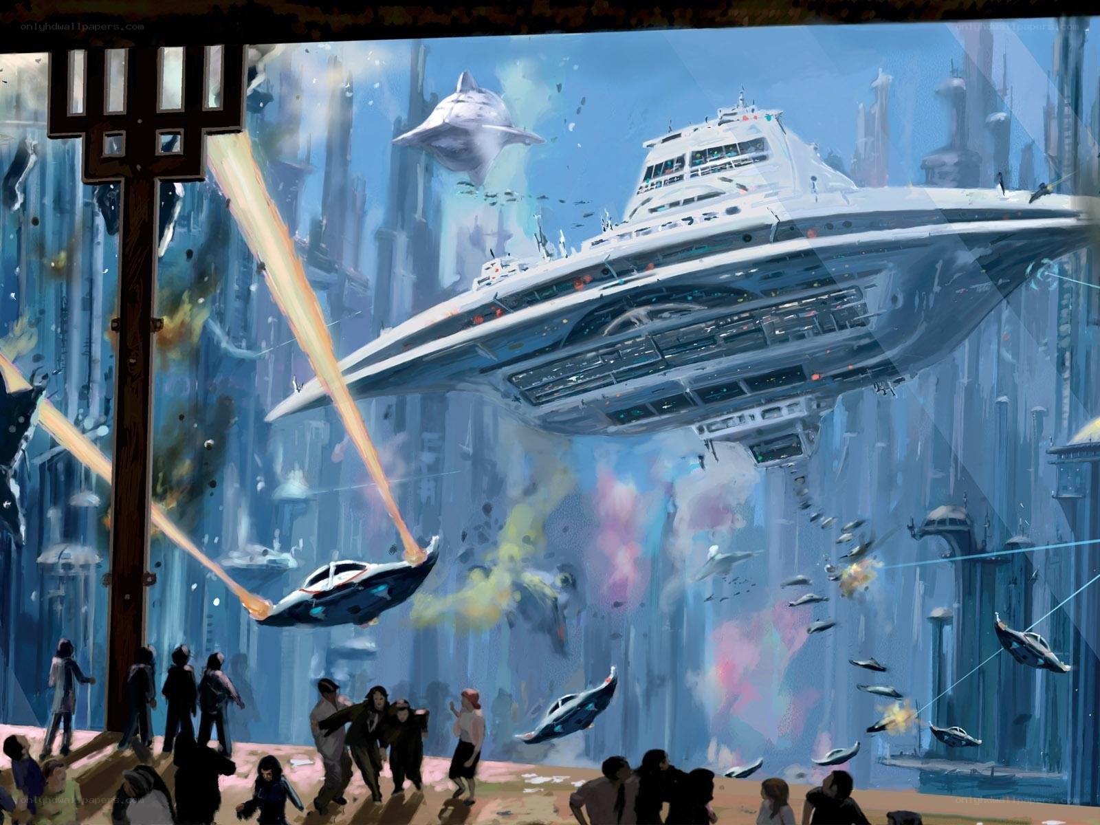 Futuristic city battle scene