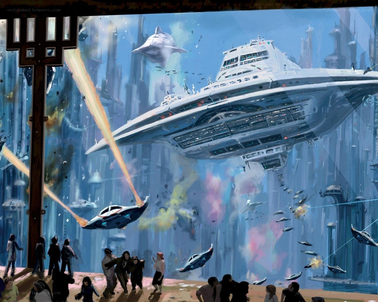 Futuristic city battle scene