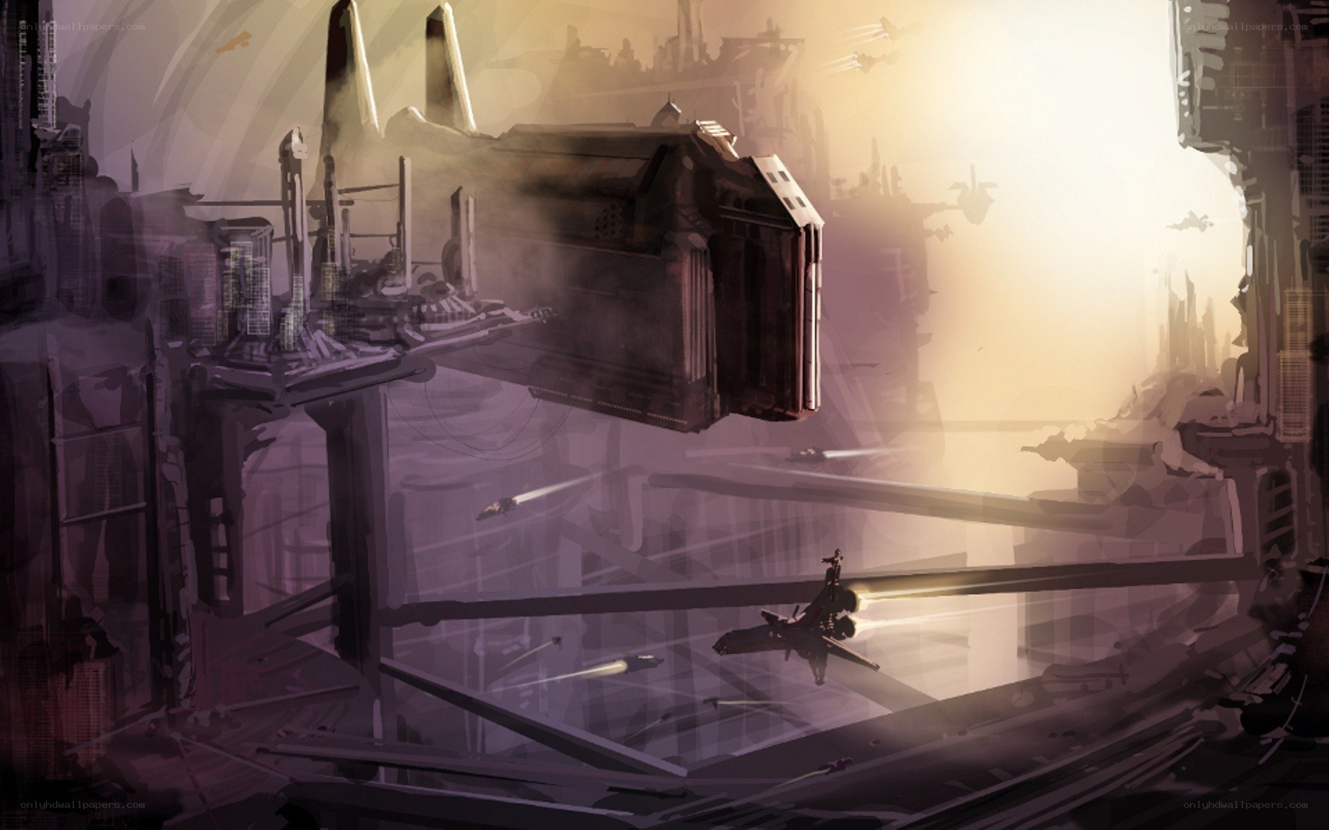 futuristic city battle scene
