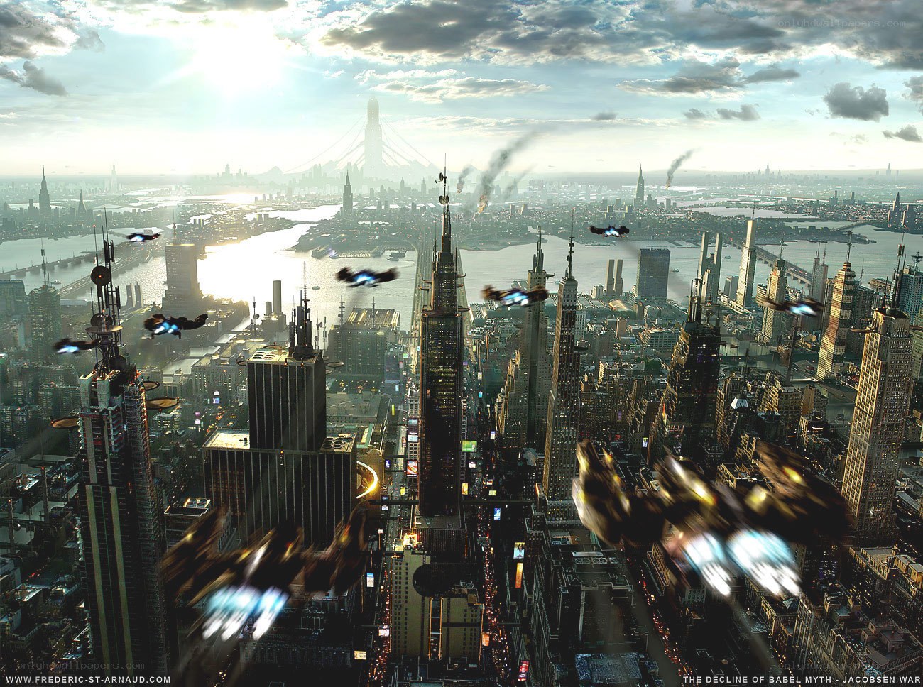 Futuristic city battle scene