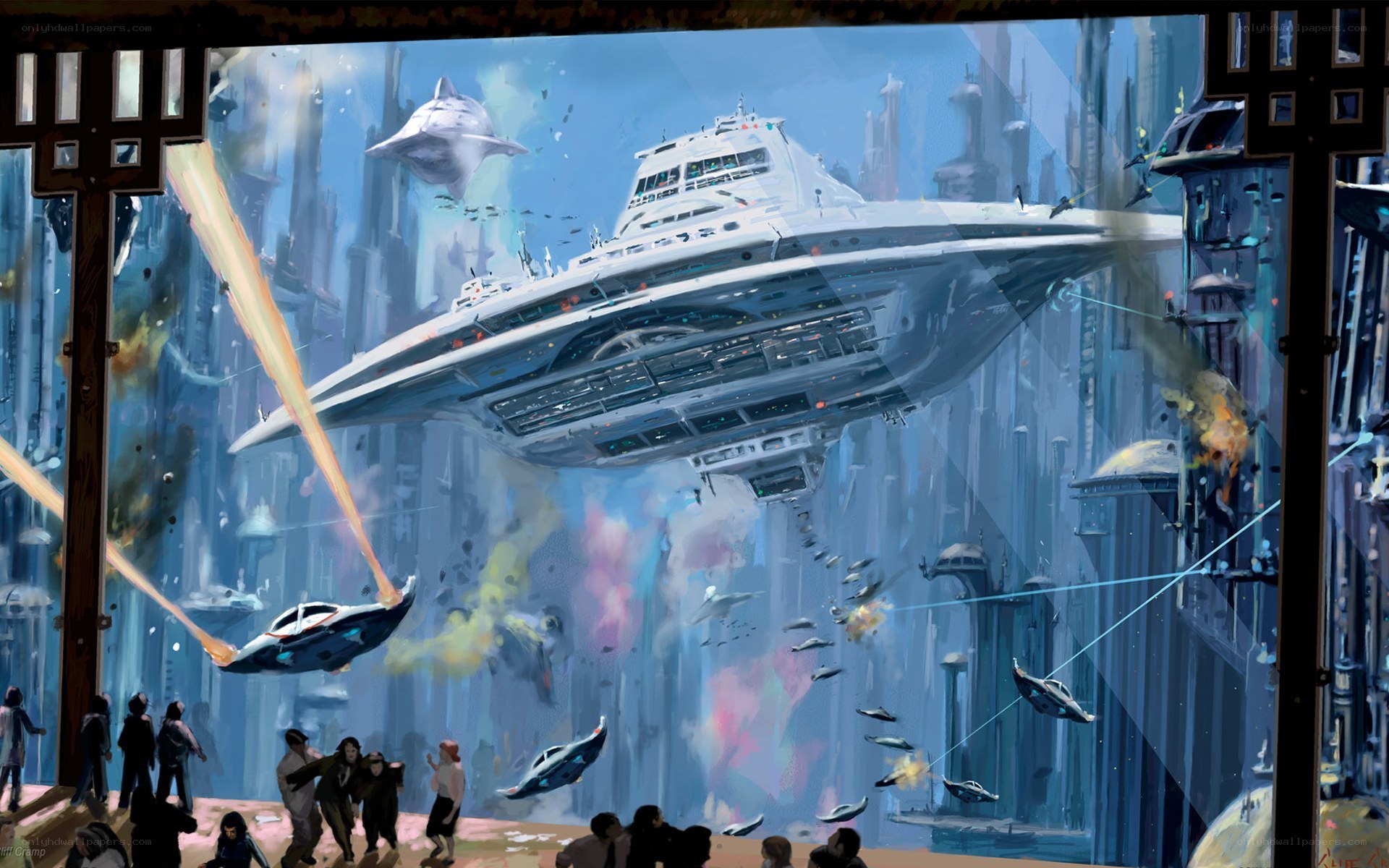 Futuristic city battle scene