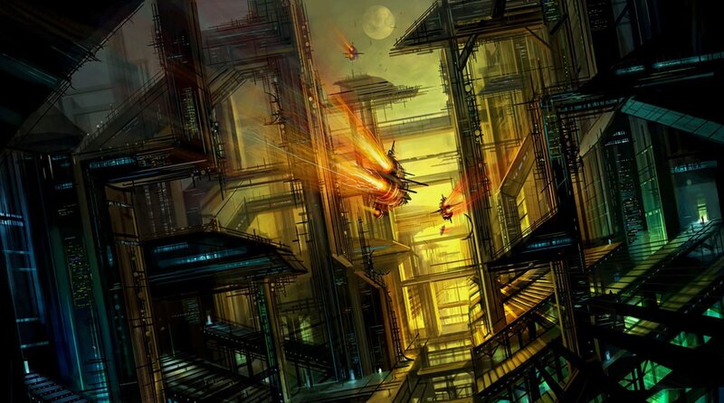 Futuristic city battle scene