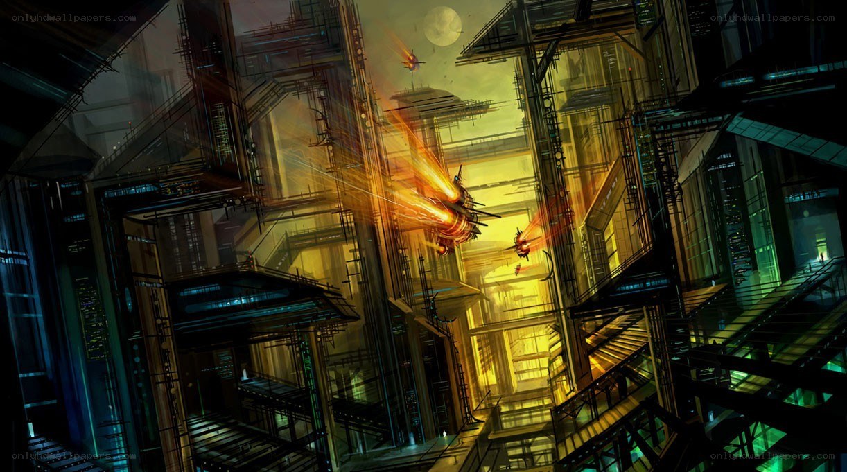 Futuristic city battle scene