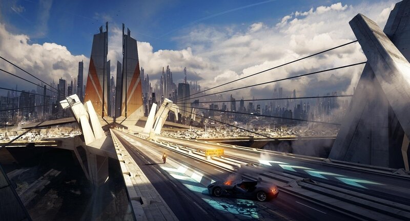 Futuristic city bridge scene