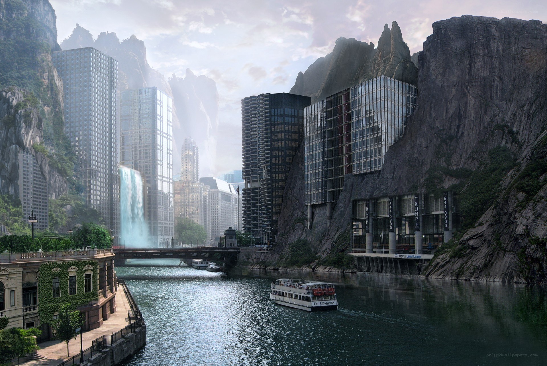 Futuristic city by a river
