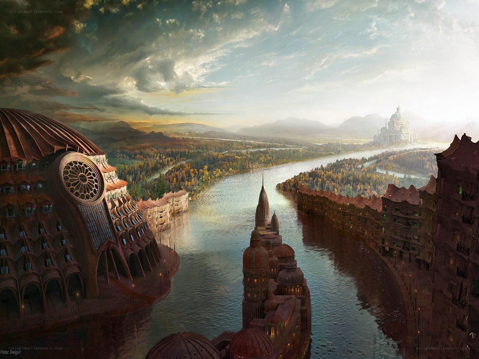 Futuristic city by a river