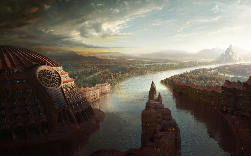 futuristic city by a river