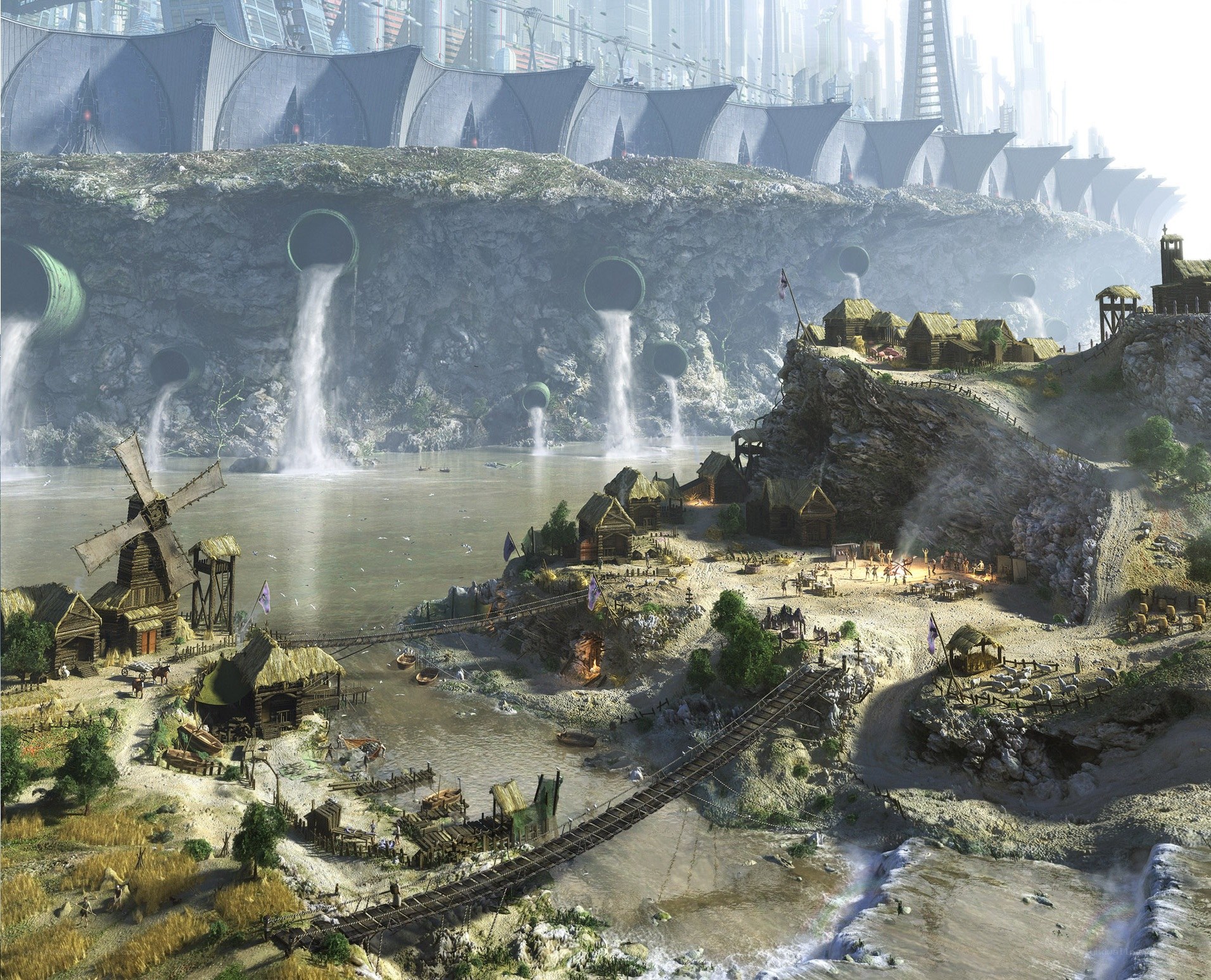Futuristic city by the river